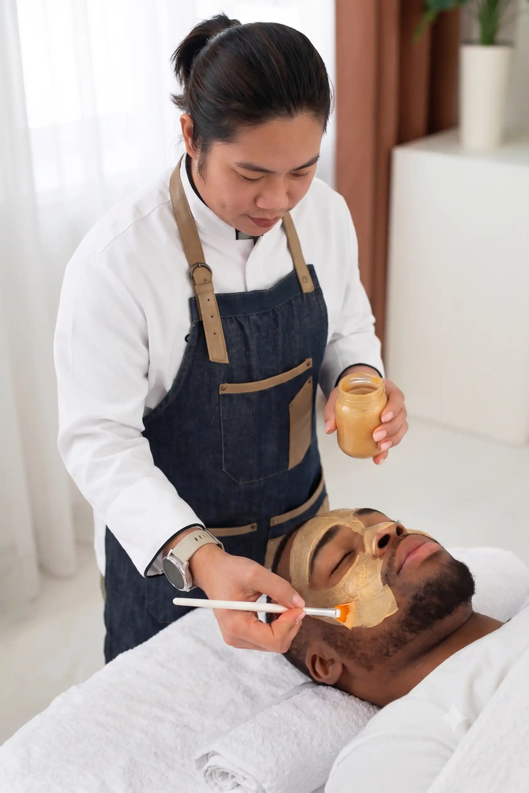 An aesthetician applying a golden facial mask to a male client’s face using a brush.